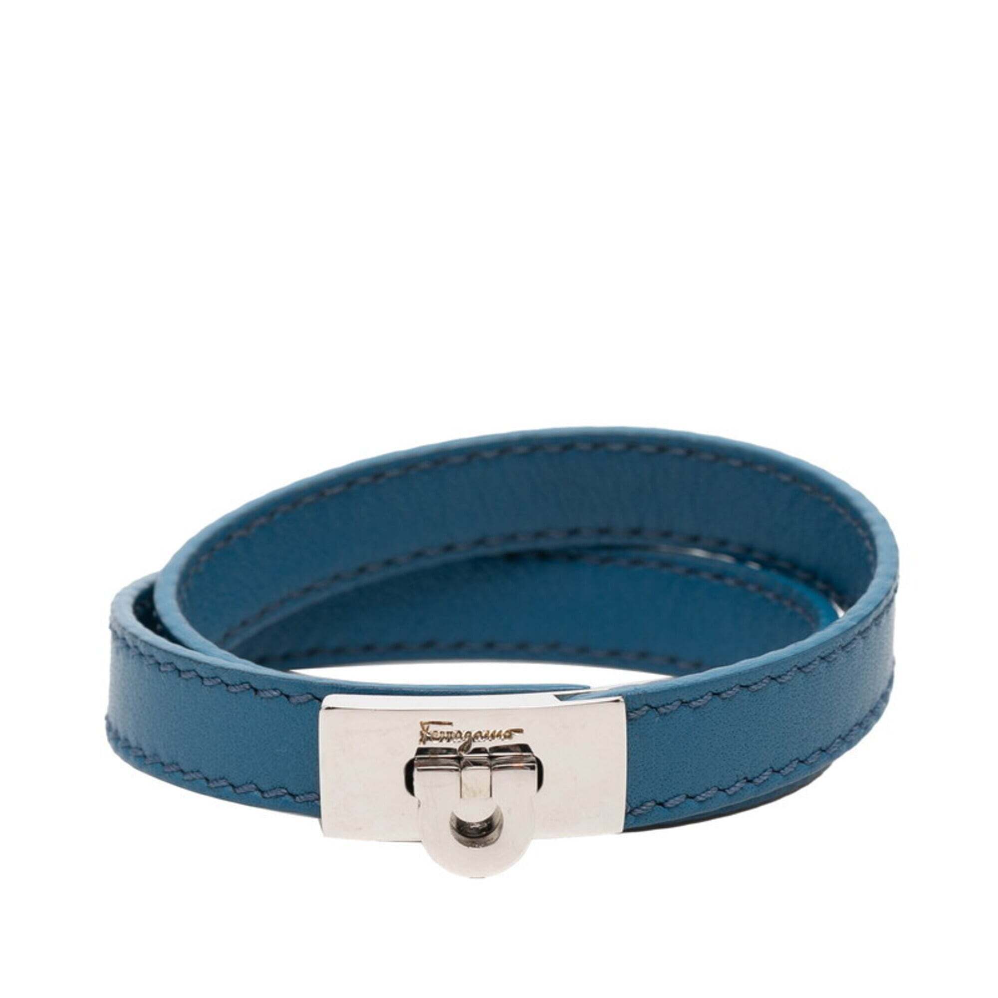 Salvatore Ferragamo Gancini Double Strand Bracelet Blue Leather Metal Womens 263$